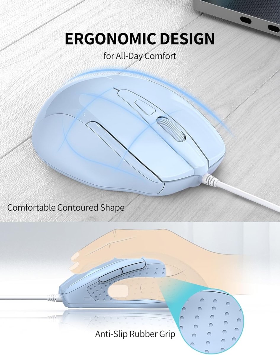 TECKNETTECKNET Wired Mouse, 6 - Button Corded with 4 Adjustable DPI, Optical Mouse with Ergonomic Design and 5FT Cord for Laptop, Chromebook, PC, Desktop, Mac, Notebook - LT.Blue - [Color/Material] [Main Feature] for [Target Device/Scenario]