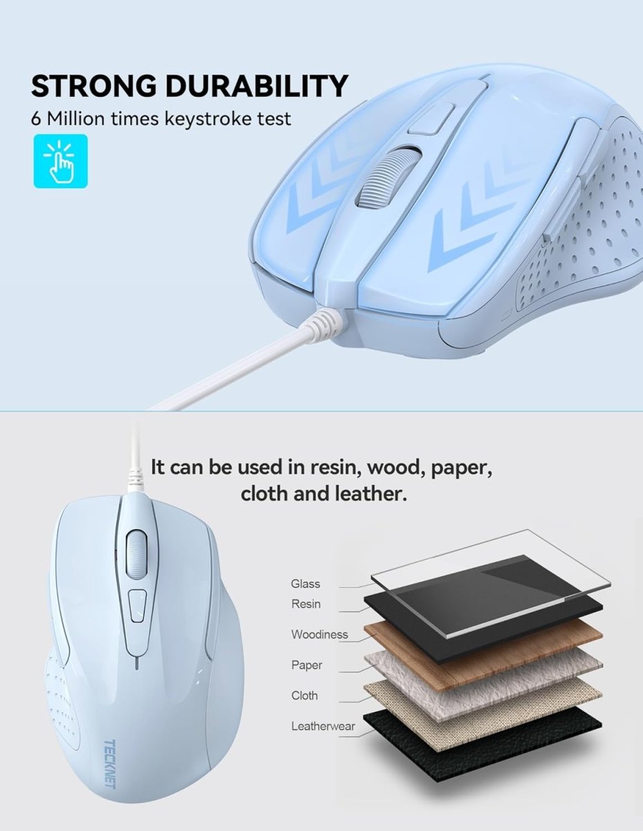TECKNETTECKNET Wired Mouse, 6 - Button Corded with 4 Adjustable DPI, Optical Mouse with Ergonomic Design and 5FT Cord for Laptop, Chromebook, PC, Desktop, Mac, Notebook - LT.Blue - [Color/Material] [Main Feature] for [Target Device/Scenario]