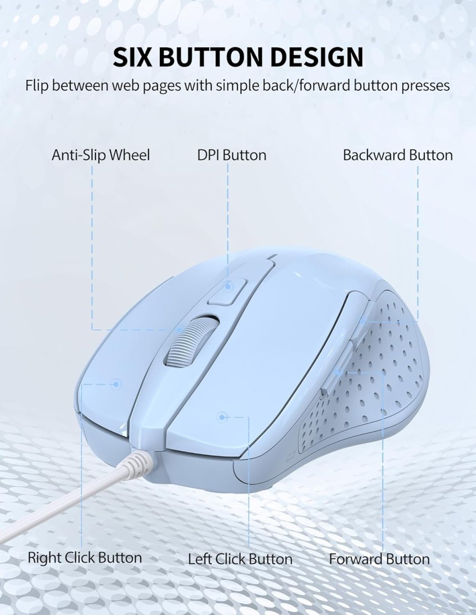 TECKNETTECKNET Wired Mouse, 6 - Button Corded with 4 Adjustable DPI, Optical Mouse with Ergonomic Design and 5FT Cord for Laptop, Chromebook, PC, Desktop, Mac, Notebook - LT.Blue - [Color/Material] [Main Feature] for [Target Device/Scenario]