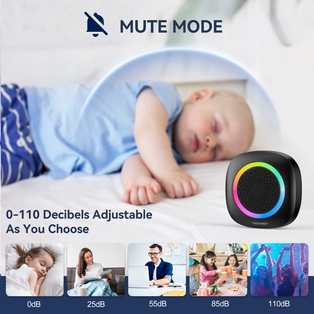 TECKNETTECKNET Wireless Doorbell With 2 Portable Doorbell With RGB Light - [Color/Material] [Main Feature] for [Target Device/Scenario]