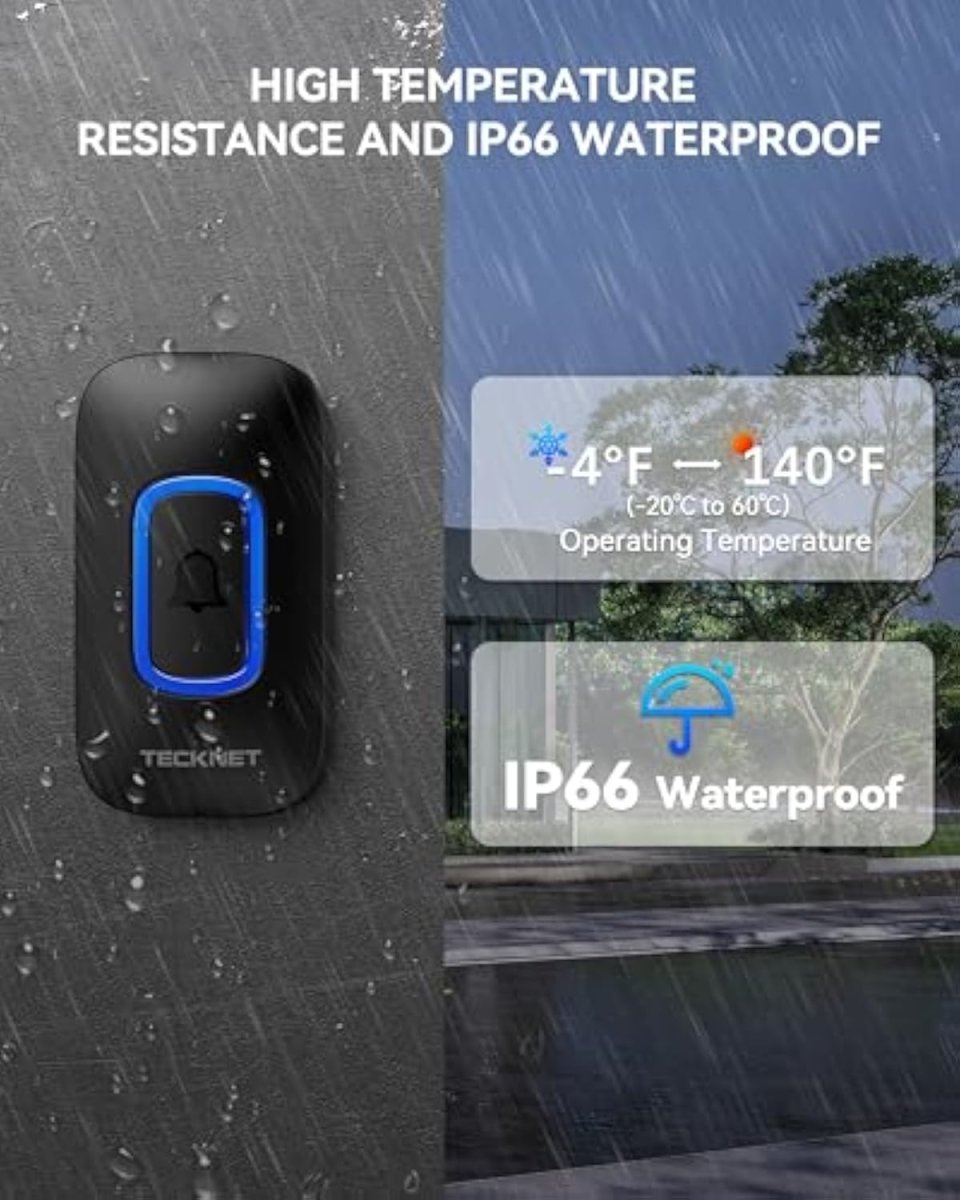 TECKNETTECKNET Wireless Doorbell with 2 Portable Receivers, Battery Powered Doorbell with RGB Light, IP66 Waterproof Door Chime Kit, 1300ft Wireless Range, 0 - 110dB & 60 Chimes, 36 - Month Long Battery Life - [Color/Material] [Main Feature] for [Target Device/Scenario]