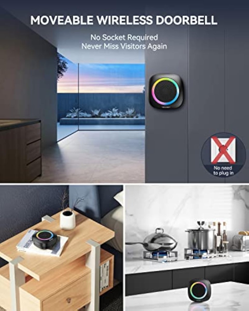 TECKNETTECKNET Wireless Doorbell with 2 Portable Receivers, Battery Powered Doorbell with RGB Light, IP66 Waterproof Door Chime Kit, 1300ft Wireless Range, 0 - 110dB & 60 Chimes, 36 - Month Long Battery Life - [Color/Material] [Main Feature] for [Target Device/Scenario]