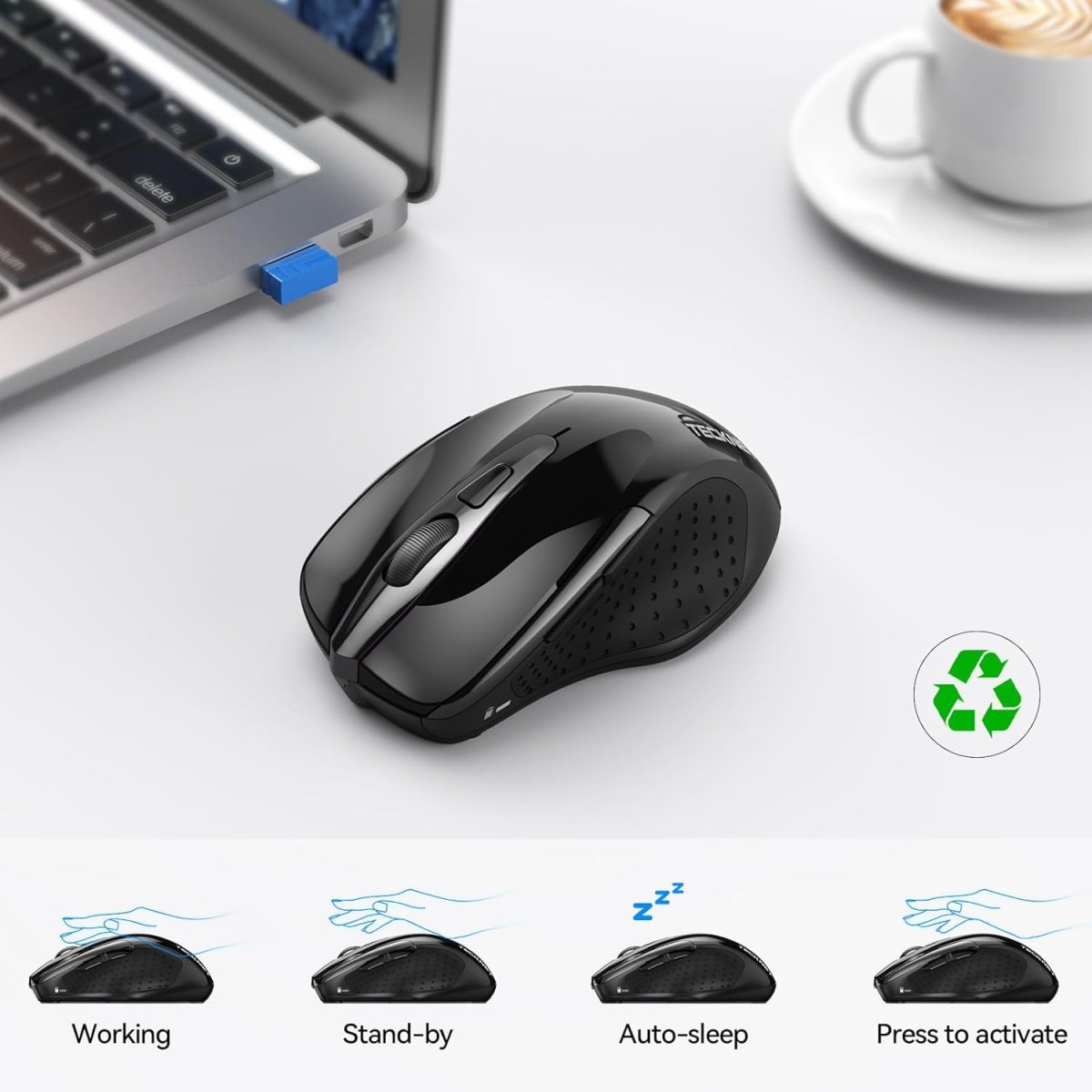 TECKNETTECKNET Wireless Mouse (2.4G & BT5.0/3.0) Silent 4800 DPI Computer USB A & Bluetooth Mouse 6 Buttons, Wide Compatibility - Black - [Color/Material] [Main Feature] for [Target Device/Scenario]