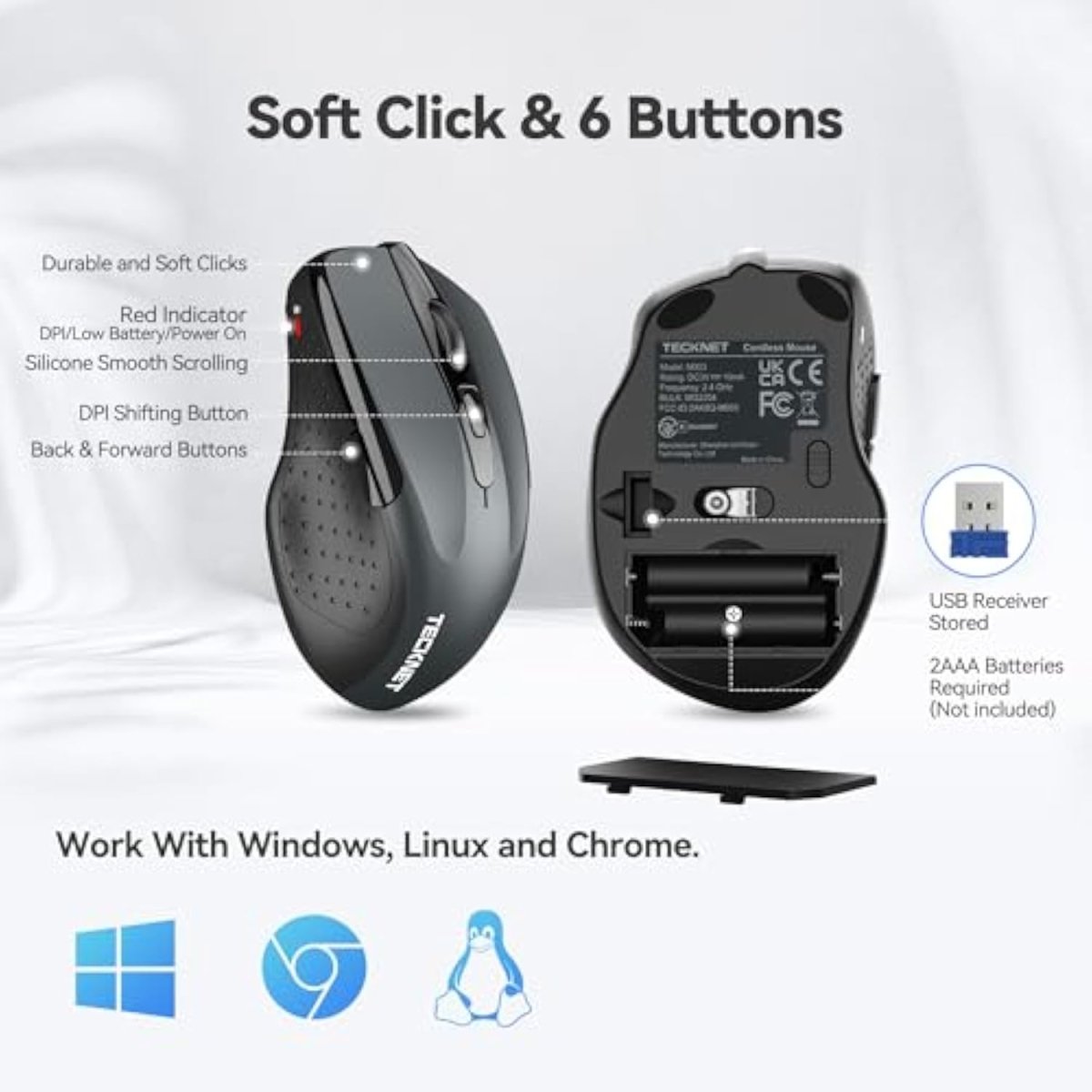 TECKNETTECKNET Wireless Mouse, 2.4G Ergonomic Optical Mouse, Computer Mouse for Laptop, PC, Computer, Chromebook, Notebook, 6 Buttons, 24 Months Battery Life, 2600 DPI, 5 Adjustment Levels - [Color/Material] [Main Feature] for [Target Device/Scenario]