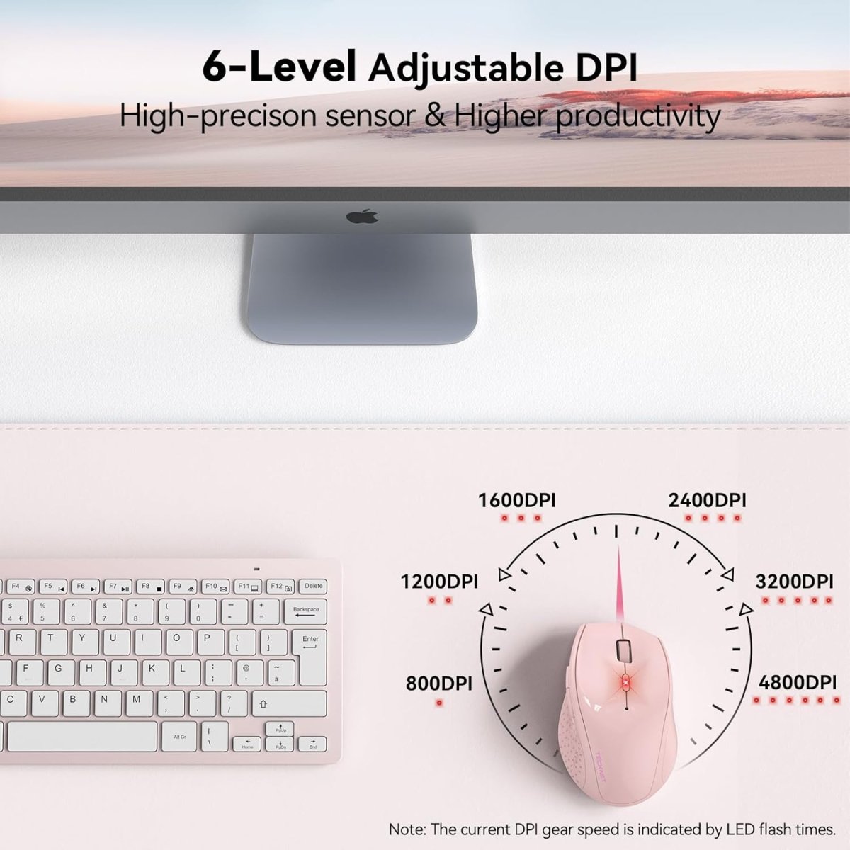 TECKNETTECKNET Wireless Mouse, 2.4G USB Computer Mouse with 6 - Level Adjustable 4800 DPI, 30 Months Battery, Ergonomic Grips, 6 Buttons Portable for PC, Chromebook, Mac - Pink - [Color/Material] [Main Feature] for [Target Device/Scenario]
