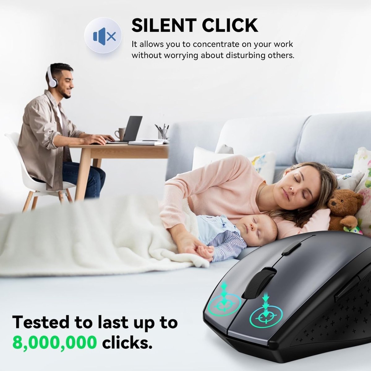 TECKNETTECKNET Wireless Mouse, 2.4G USB Computer Mouse with 6 - Level Adjustable 4800 DPI, Silent Quiet Click，30 Months Battery, Ergonomic Grips, 6 Buttons Portable for PC, Chromebook, Mac - Grey - [Color/Material] [Main Feature] for [Target Device/Scenario]