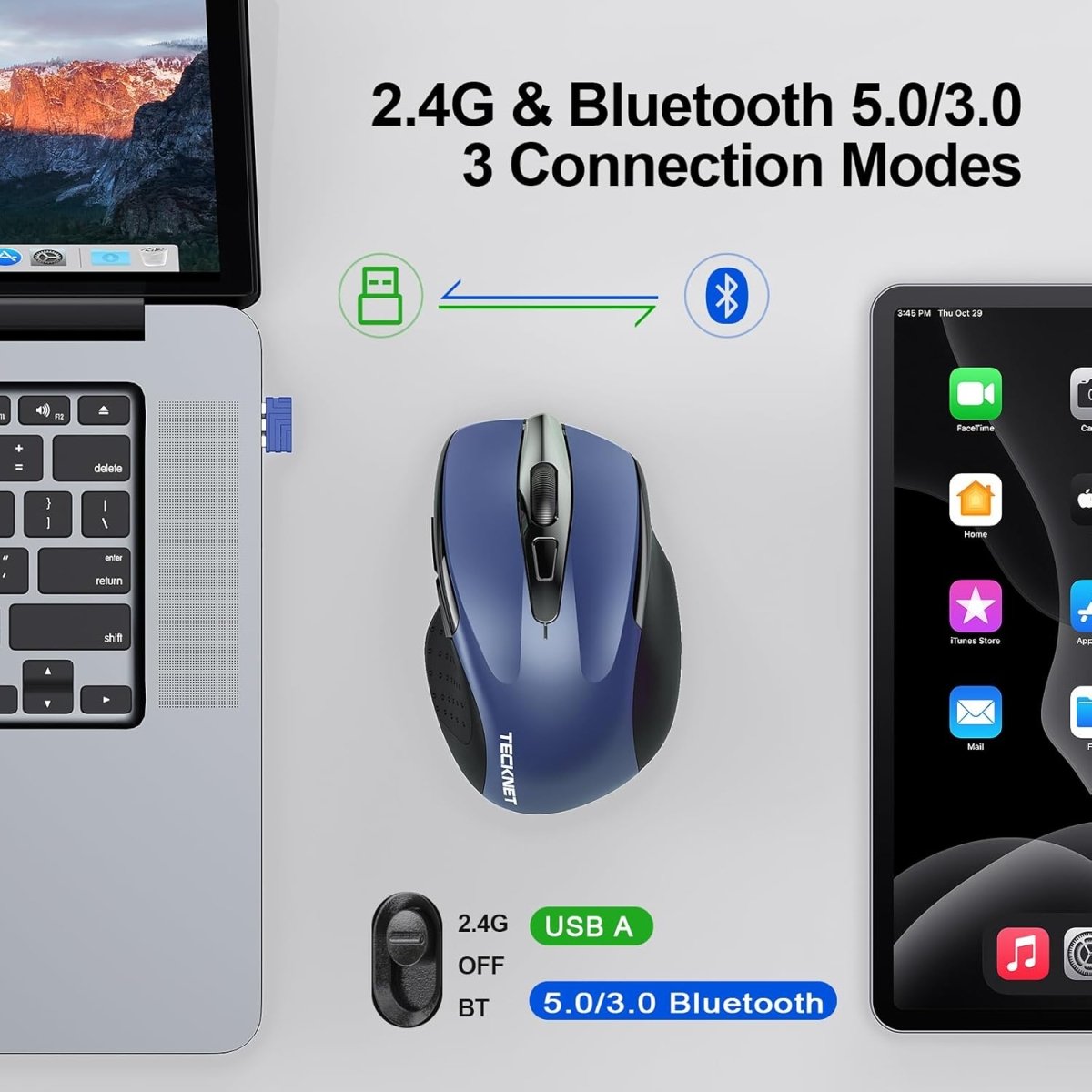 TECKNETTECKNET Wireless Mouse (BT5.0/3.0 & 2.4G) Rechargeable 4800 DPI Silent USB A & Bluetooth Mouse 6 Buttons, Wide Compatibility - Blue - [Color/Material] [Main Feature] for [Target Device/Scenario]