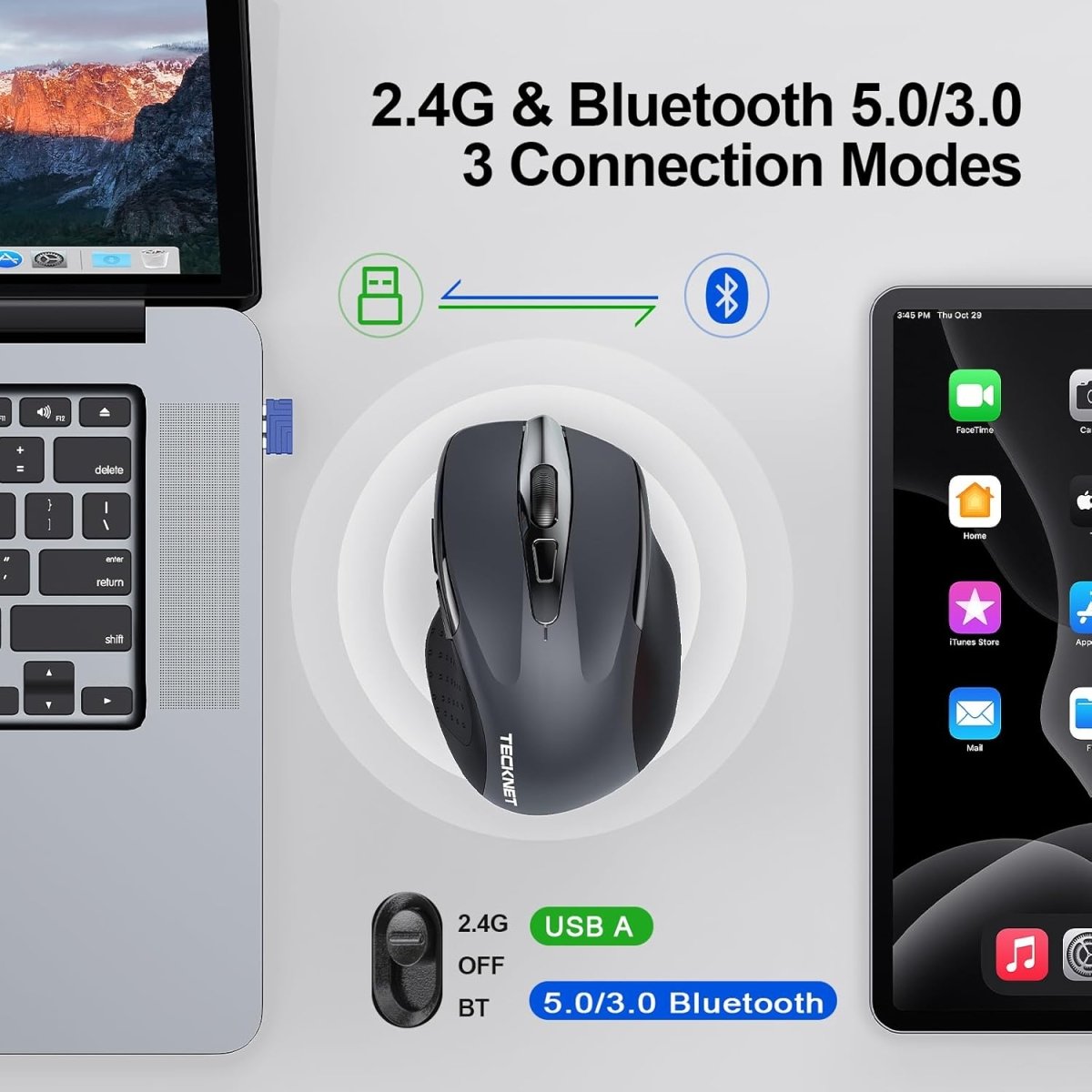 TECKNETTECKNET Wireless Mouse (BT5.0/3.0 & 2.4G) Rechargeable 4800 DPI Silent USB A & Bluetooth Mouse 6 Buttons, Wide Compatibility - Grey - [Color/Material] [Main Feature] for [Target Device/Scenario]