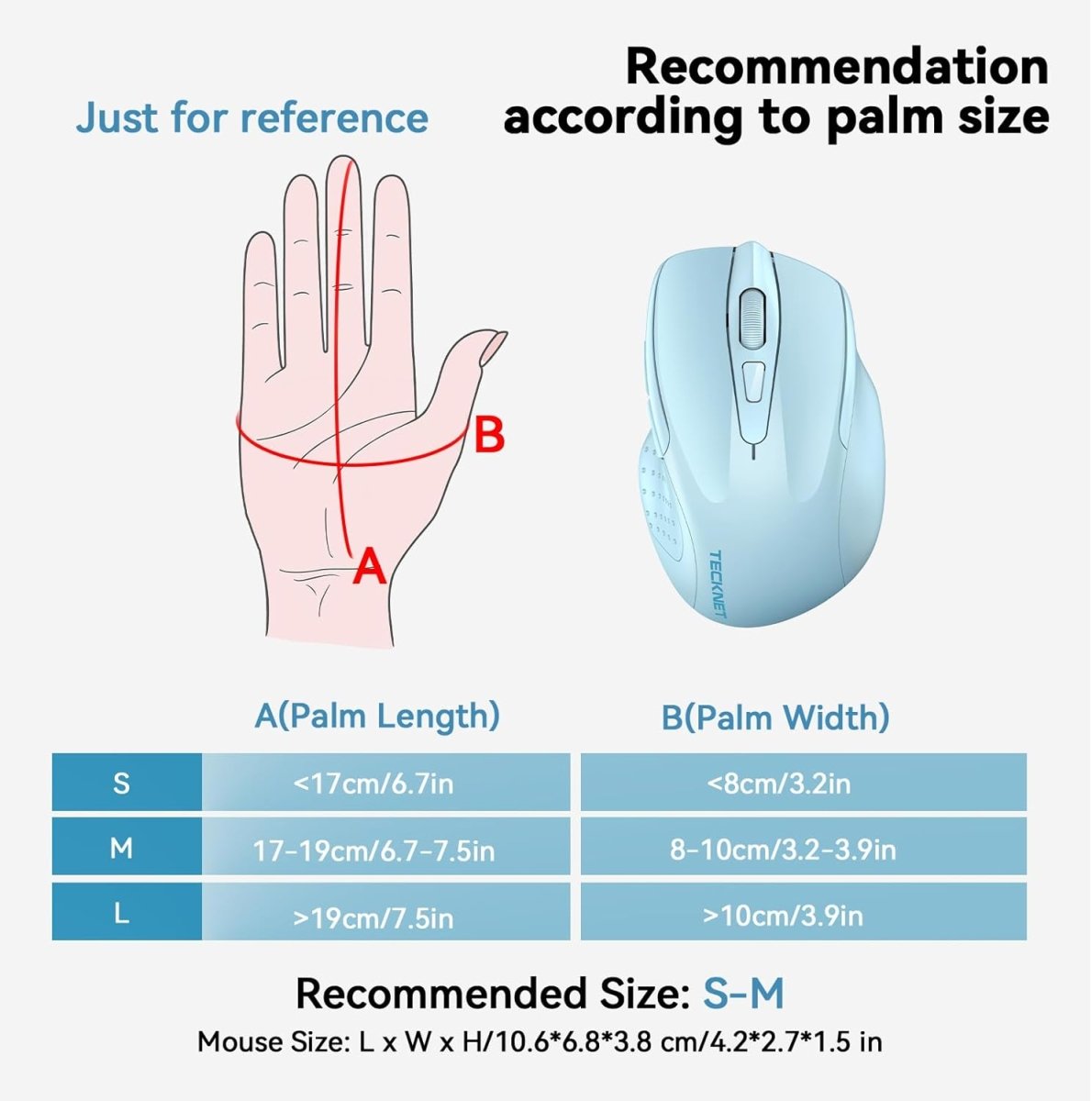 TECKNETTECKNET Wireless Mouse (BT5.0/3.0 & 2.4G) Rechargeable 4800 DPI Silent USB A & Bluetooth Mouse 6 Buttons, Wide Compatibility - Lightblue - [Color/Material] [Main Feature] for [Target Device/Scenario]