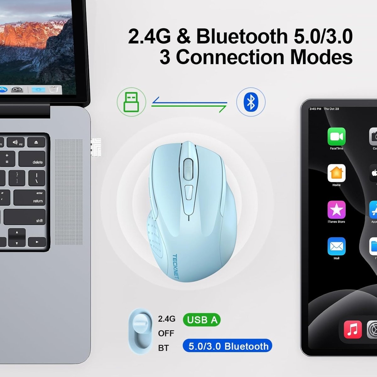 TECKNETTECKNET Wireless Mouse (BT5.0/3.0 & 2.4G) Rechargeable 4800 DPI Silent USB A & Bluetooth Mouse 6 Buttons, Wide Compatibility - Lightblue - [Color/Material] [Main Feature] for [Target Device/Scenario]
