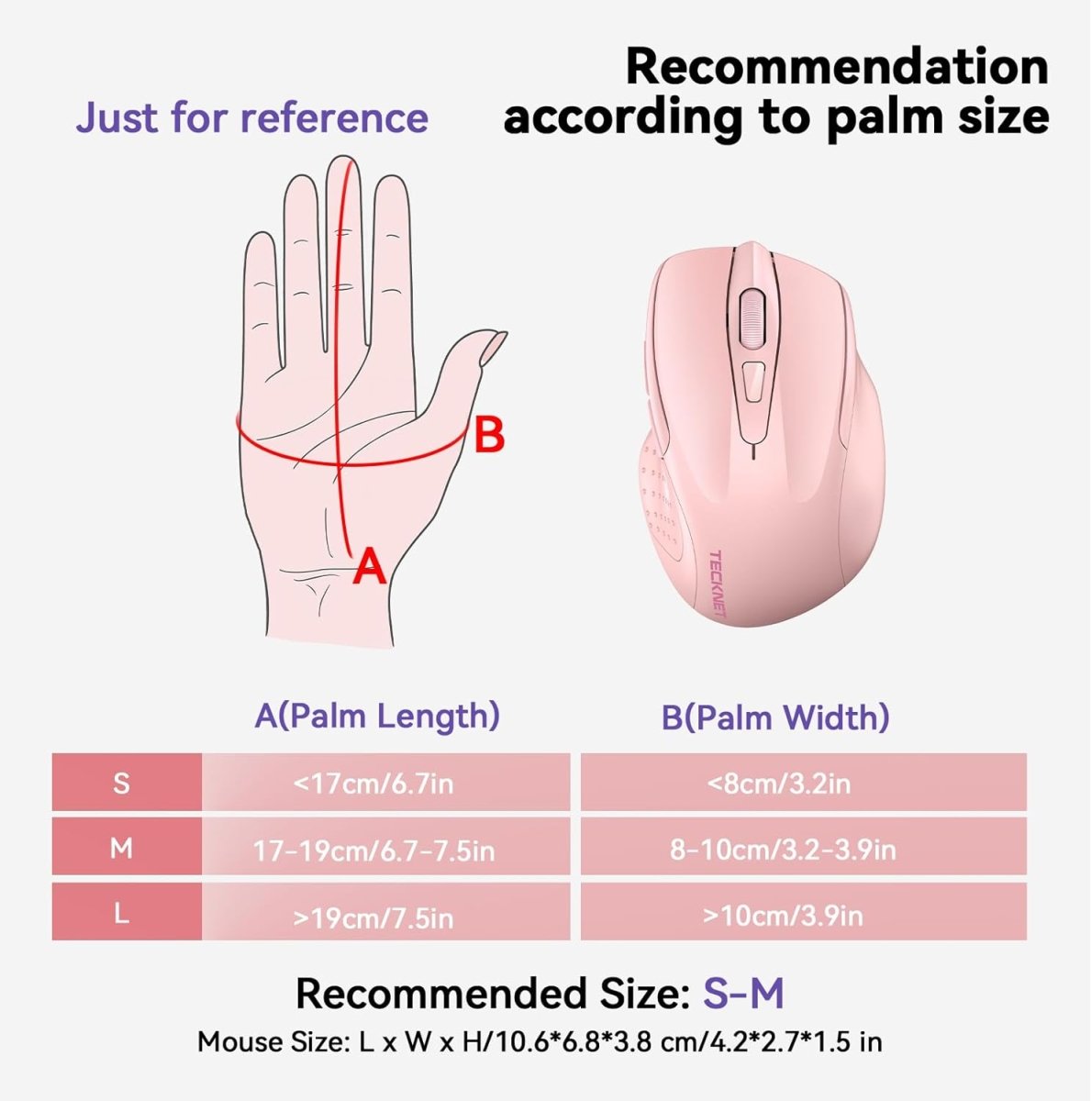 TECKNETTECKNET Wireless Mouse (BT5.0/3.0 & 2.4G) Rechargeable 4800 DPI Silent USB A & Bluetooth Mouse 6 Buttons, Wide Compatibility - Pink - [Color/Material] [Main Feature] for [Target Device/Scenario]