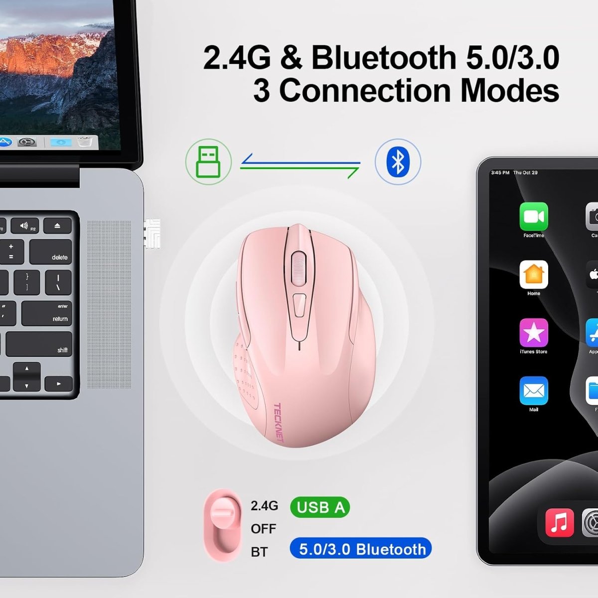 TECKNETTECKNET Wireless Mouse (BT5.0/3.0 & 2.4G) Rechargeable 4800 DPI Silent USB A & Bluetooth Mouse 6 Buttons, Wide Compatibility - Pink - [Color/Material] [Main Feature] for [Target Device/Scenario]