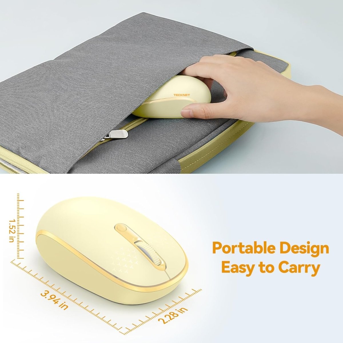 TECKNETTECKNET Wireless Mouse for Laptop, 2.4G Quiet Computer Mouse with USB Receiver, 4 Buttons Portable Cordless Mice for Chromebook, Laptop, PC, Mac, 800/1200/1600 DPI - Yellow - [Color/Material] [Main Feature] for [Target Device/Scenario]
