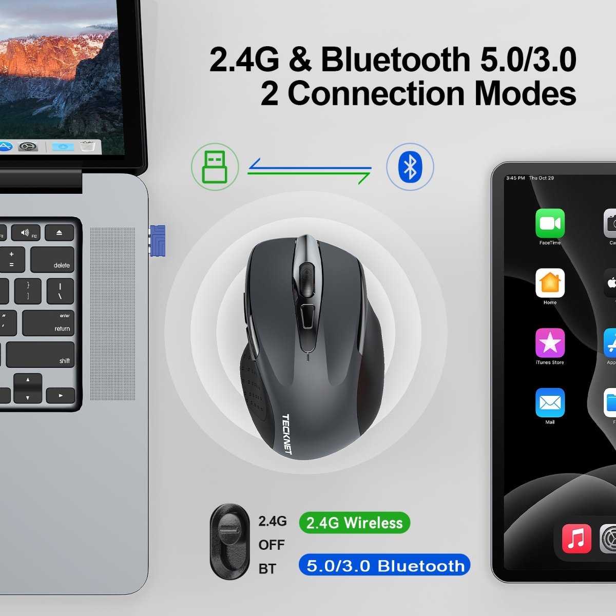 TECKNETTECKNET Wireless Silent Mouse, Bluetooth 3.0/5.0 and 2.4GHz Connectivity Mouse - [Color/Material] [Main Feature] for [Target Device/Scenario]