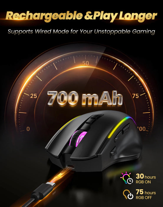 TECKNET Wireless Gaming Mouse,2.4GHz/USB-C, 1000Hz,7 Custom Buttons 13 RGB