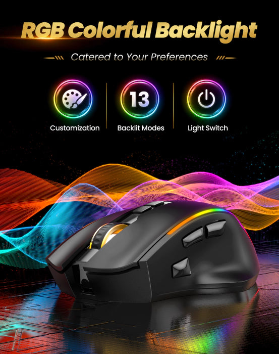 TECKNET Wireless Gaming Mouse,2.4GHz/USB-C, 1000Hz,7 Custom Buttons 13 RGB