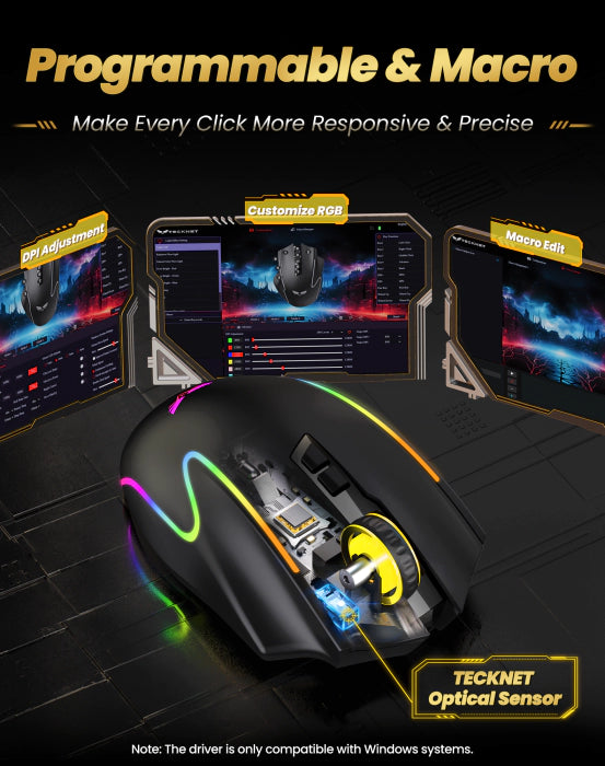 TECKNET Wireless Gaming Mouse,2.4GHz/USB-C, 1000Hz,7 Custom Buttons 13 RGB