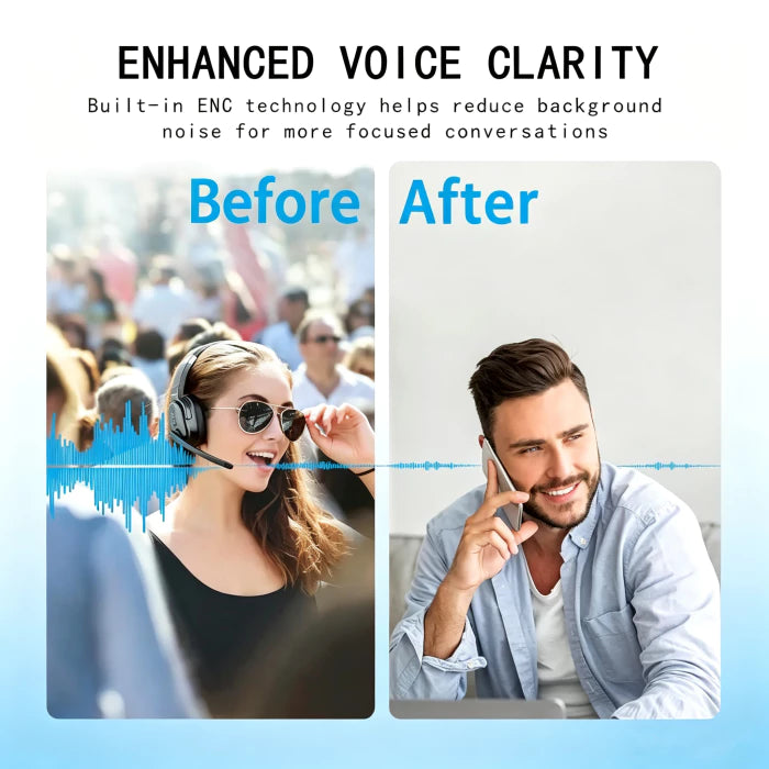 Promotional graphic for a voice clarity headset feature, with the headline 'ENHANCED VOICE CLARITY' and a before/after comparison. The left panel shows a woman wearing a headset in a crowded setting with a blue soundwave overlay and the text 'Before'.