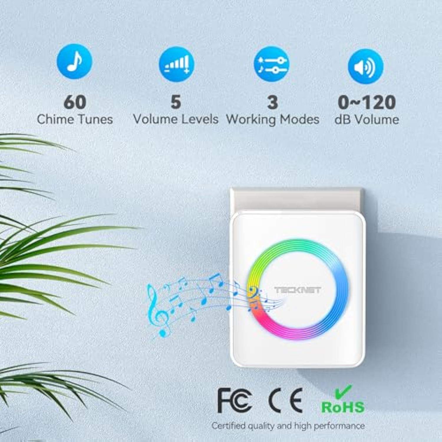 TECKNET Wireless Doorbells for Home, IP65 Waterproof Door Bell 1300ft Range, 0-120dB Classroom Doorbell Kits with 60 Chimes & 5 Volume Levels, RGB Flashing for Hearing Impaired with 2 Receivers