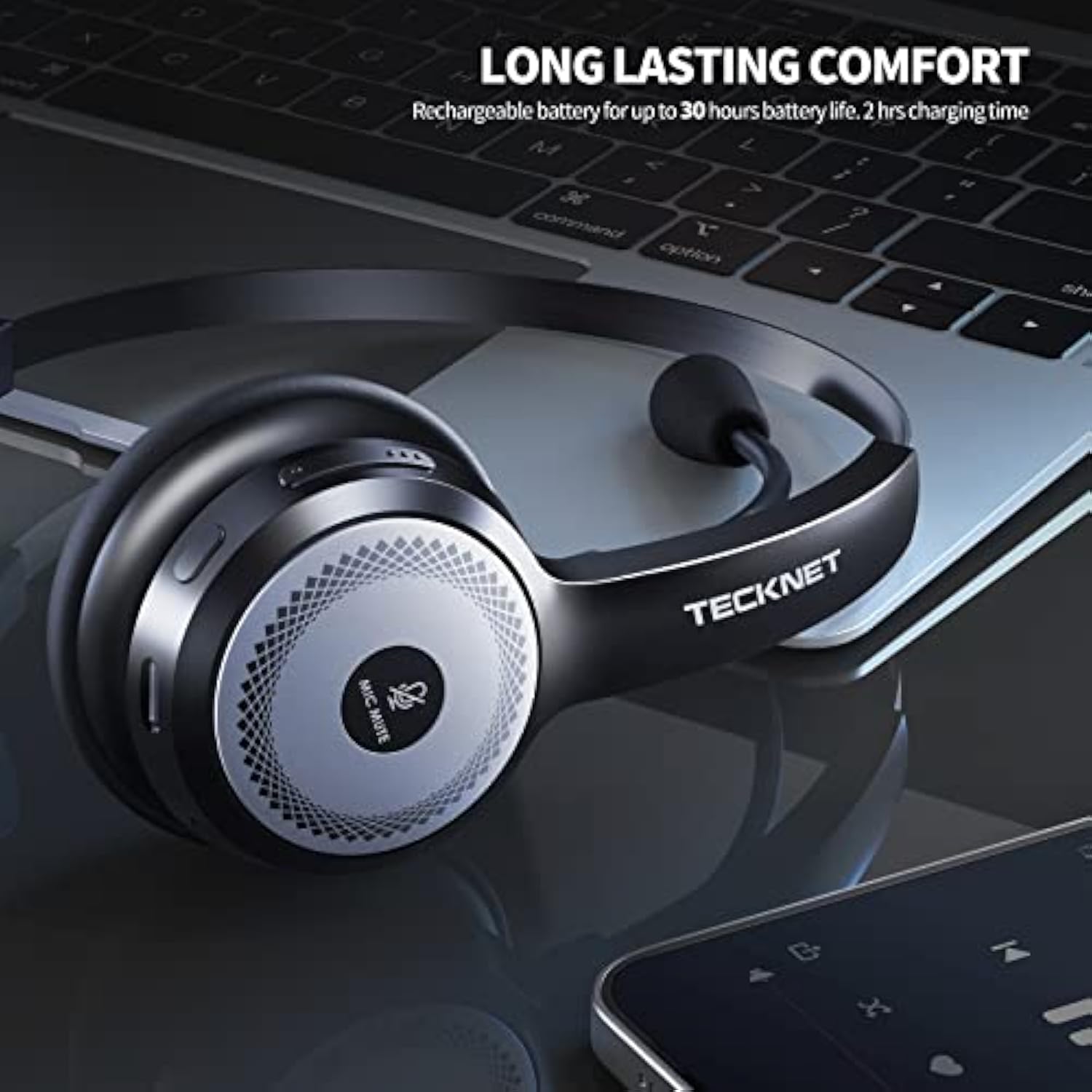 TECKNET Wireless Headset for Work, 40Hrs Worktime AI Noise Cancelling Computer Headphones with Charging Base, Bluetooth Headset with Mic & USB Dongle for PC/Laptop/Call Center