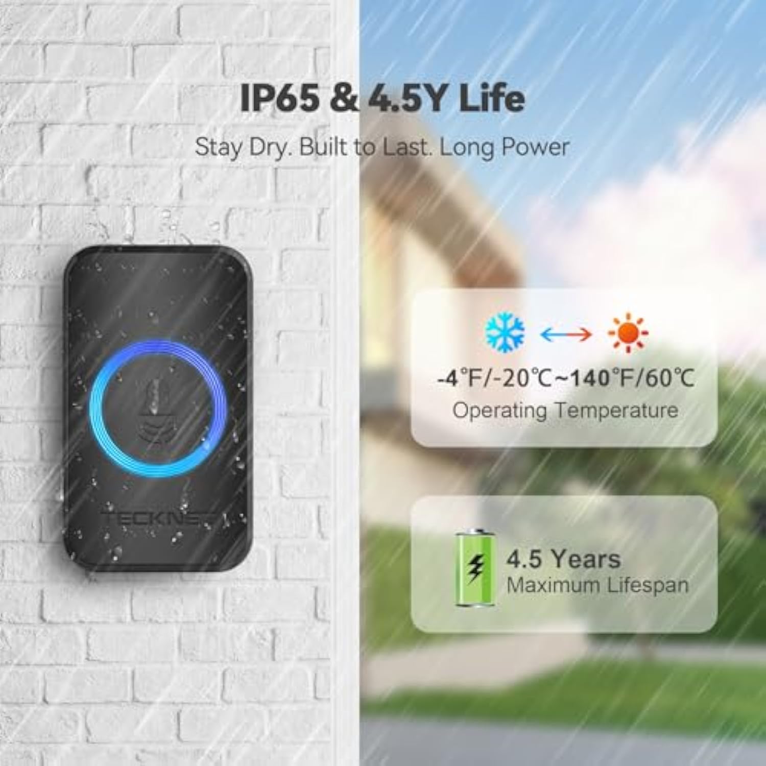 TECKNET Wireless Doorbells for Home, IP65 Waterproof 1,300Ft 120dB Door Bell Ringer Wireless for Classroom with 60 Chimes & 5 Volume Levels, LED Flash