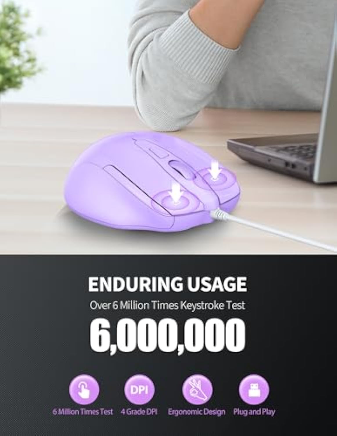 TECKNET Wired Mouse, 6-Button Corded with 4 Adjustable DPI, Optical Ergonomic Design, 5FT Cord for Laptop, Chromebook, PC, Desktop, Mac, Notebook