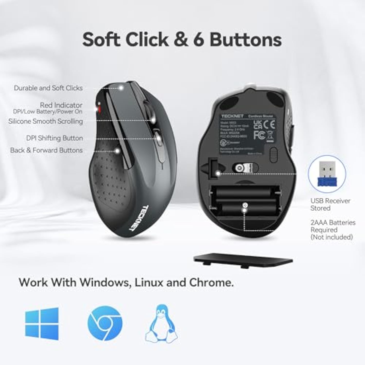 TECKNET Wireless Mouse, 2.4G Ergonomic Optical Mouse, Computer Mouse for Laptop, PC, Computer, Chromebook, Notebook, 6 Buttons, 24 Months Battery Life, 2600 DPI, 5 Adjustment Levels