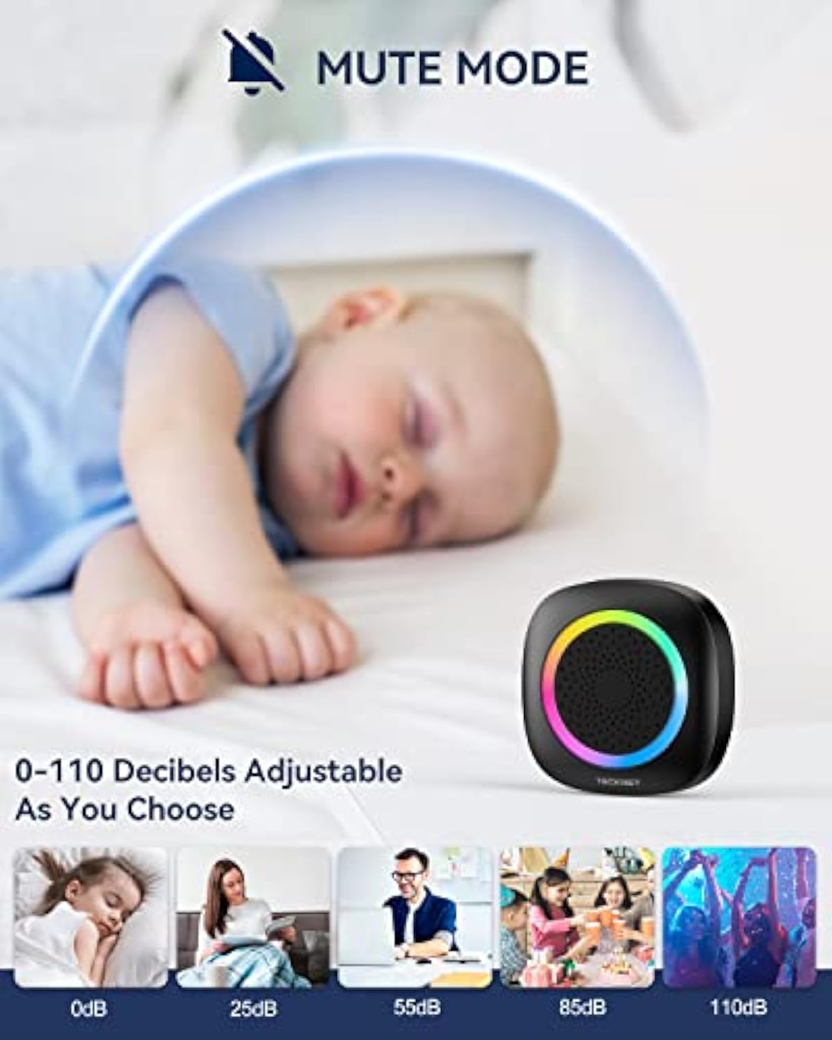 TECKNET Longest 1300 Feet Wireless Doorbell with RGB Alarm Lighting,Battery-Powered IP66 Waterproof Design,60+Chimes & 5-Level Volume for Home/Apartment/Classroom/Business,4.5-Year Battery Life