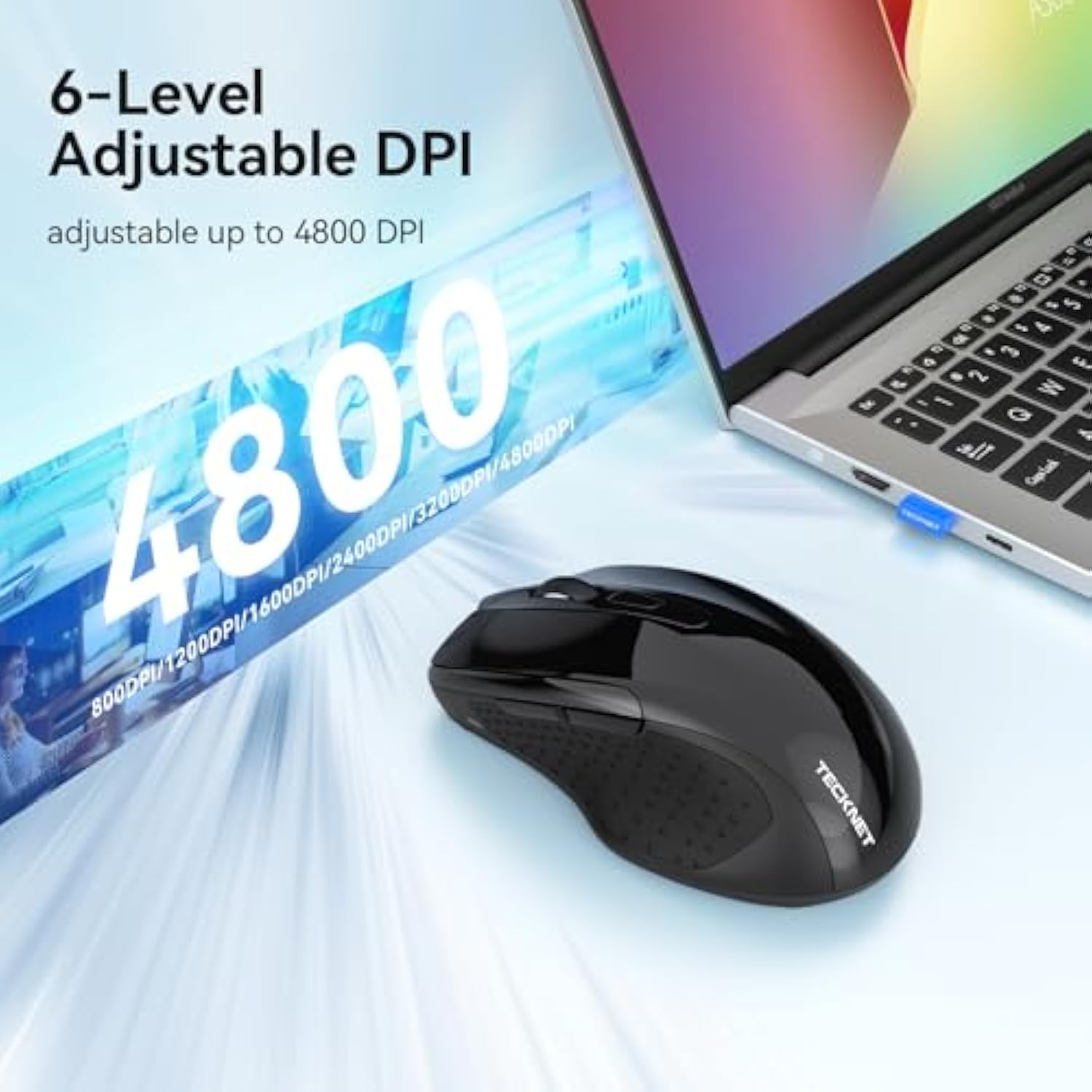 TECKNET Rechargeable Jiggler Wireless Mouse (BT5.0/3.0 & 2.4G) 4800 DPI Silent USB A & Bluetooth Mouse 6 Buttons, Wide Compatibility