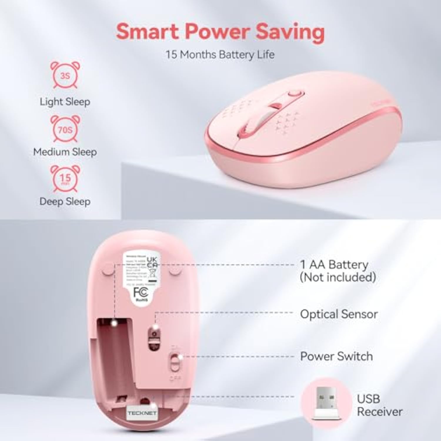 TECKNET Wireless Mouse, 2.4G Quiet Computer Mouse with USB Receiver, 4 Buttons Portable Cordless Mice for Chromebook, Laptop, PC, Mac, 800/1200/1600 DPI