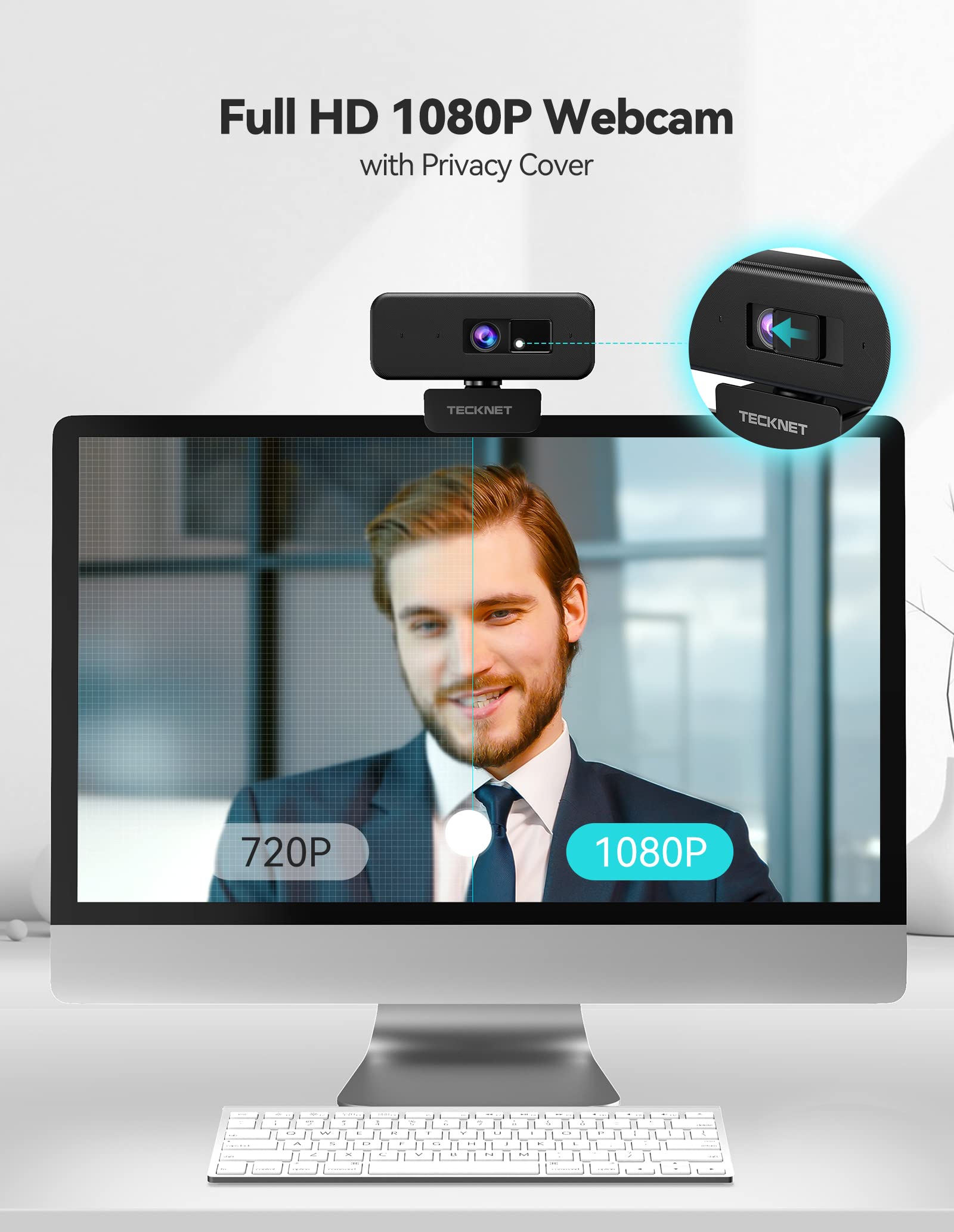TECKNET 1080P Webcam with Microphone & Privacy Cover