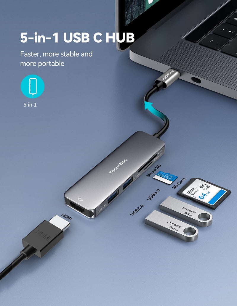 TechRise 5-in-1 USB C Hub Multiport Adapter with USB 3.0 Ports SDTF Card Reader
