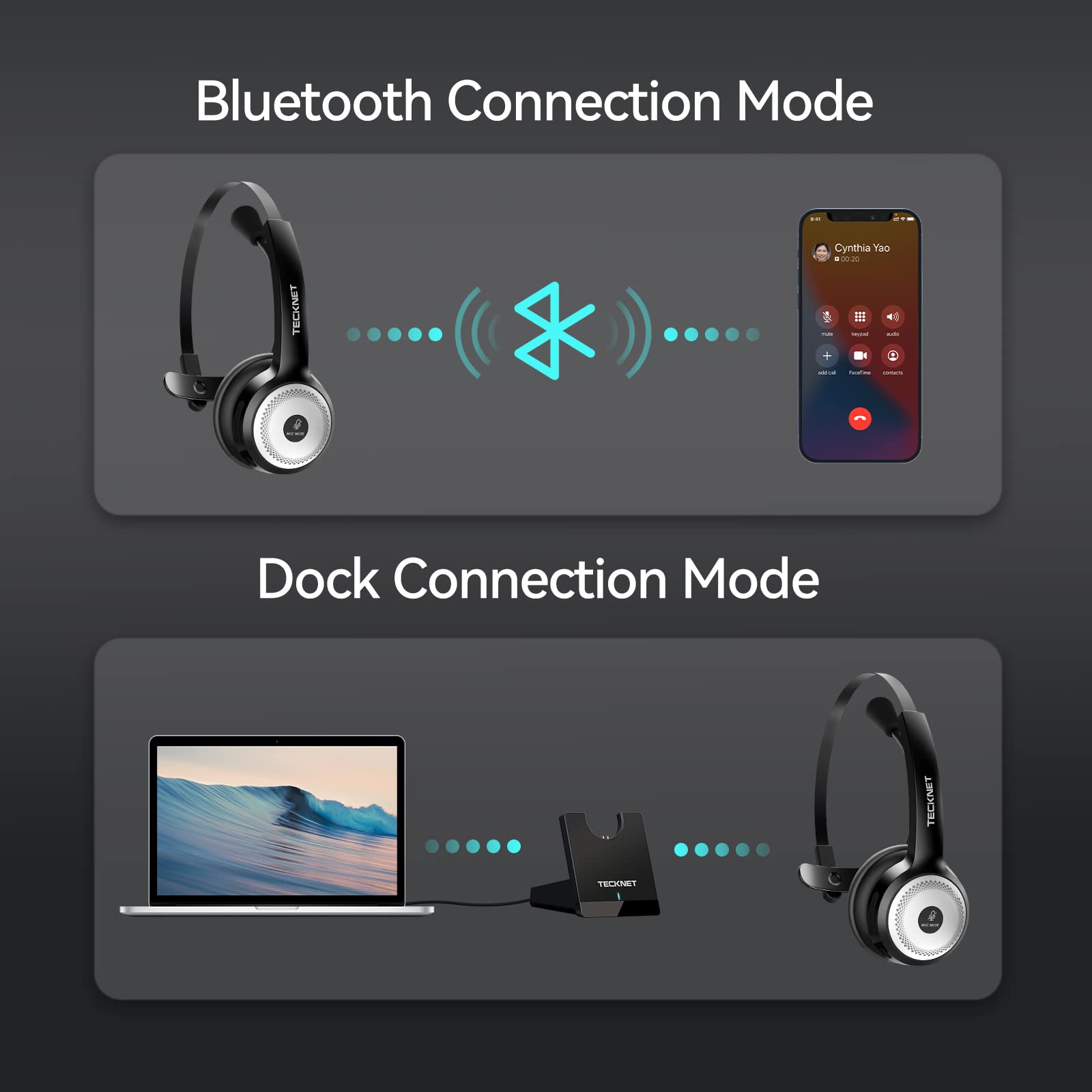 TECKNET Wireless Headset W/ Pogo Charging Dock