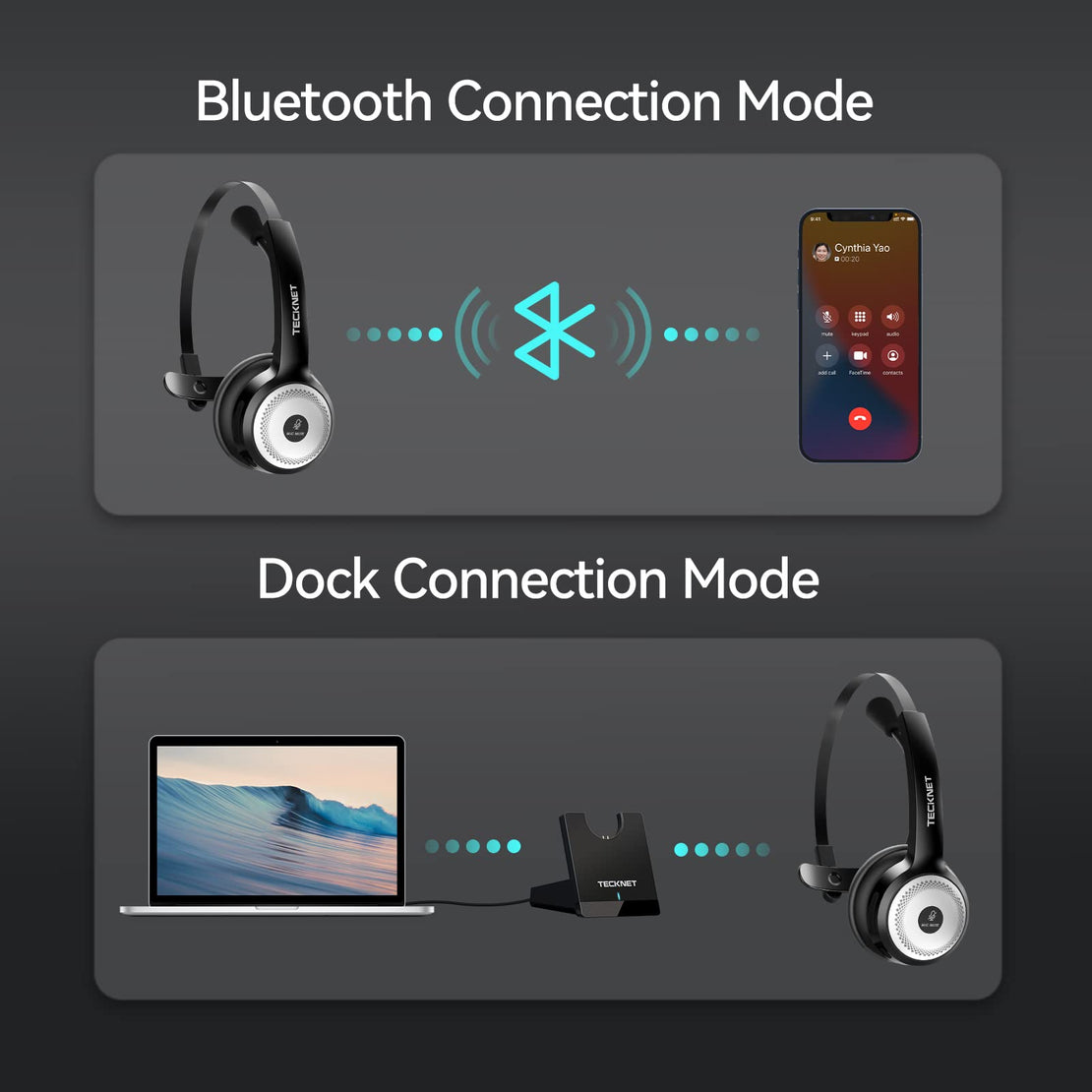 TECKNET Bluetooth Wireless Headset, AI Noise Cancelling Call Center Headset with Mic