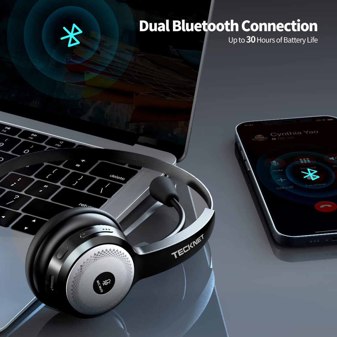 TECKNET Bluetooth Wireless Headset, AI Noise Cancelling Call Center Headset with Mic