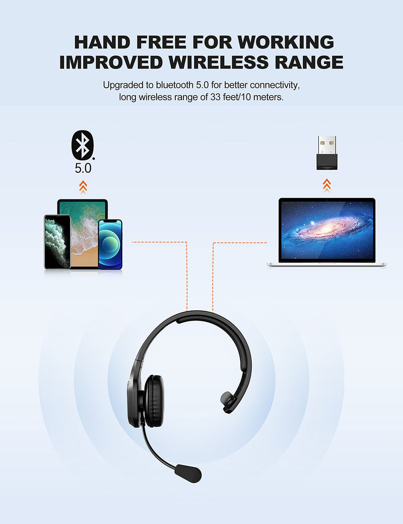 TECKNET Trucker Bluetooth Headset with Microphone Noise Canceling Wireless On Ear Headphones