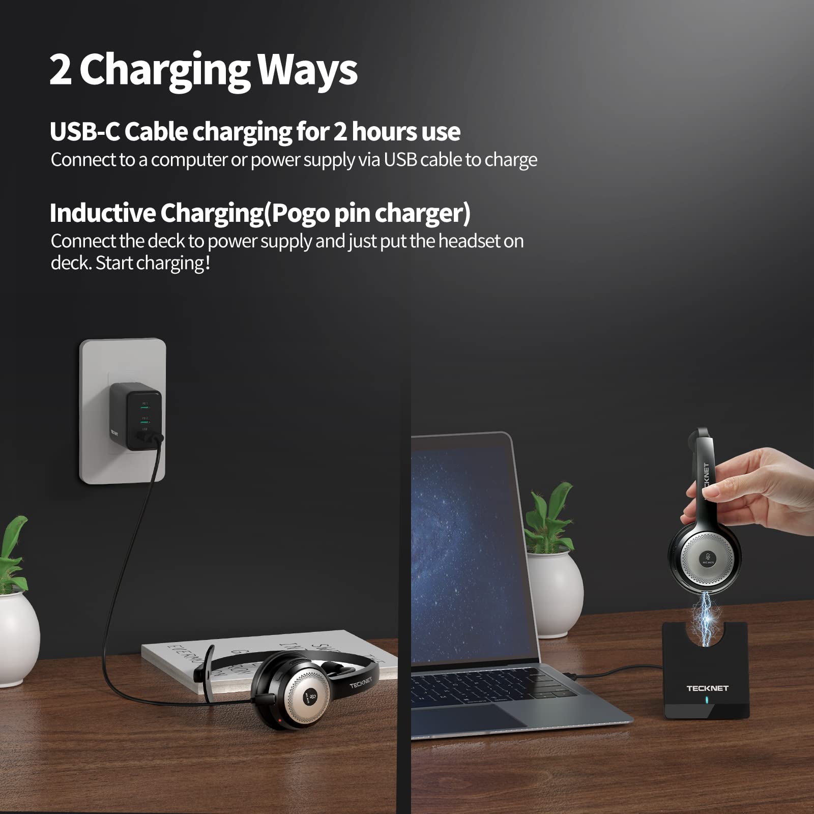 TECKNET Wireless Headset W/ Pogo Charging Dock