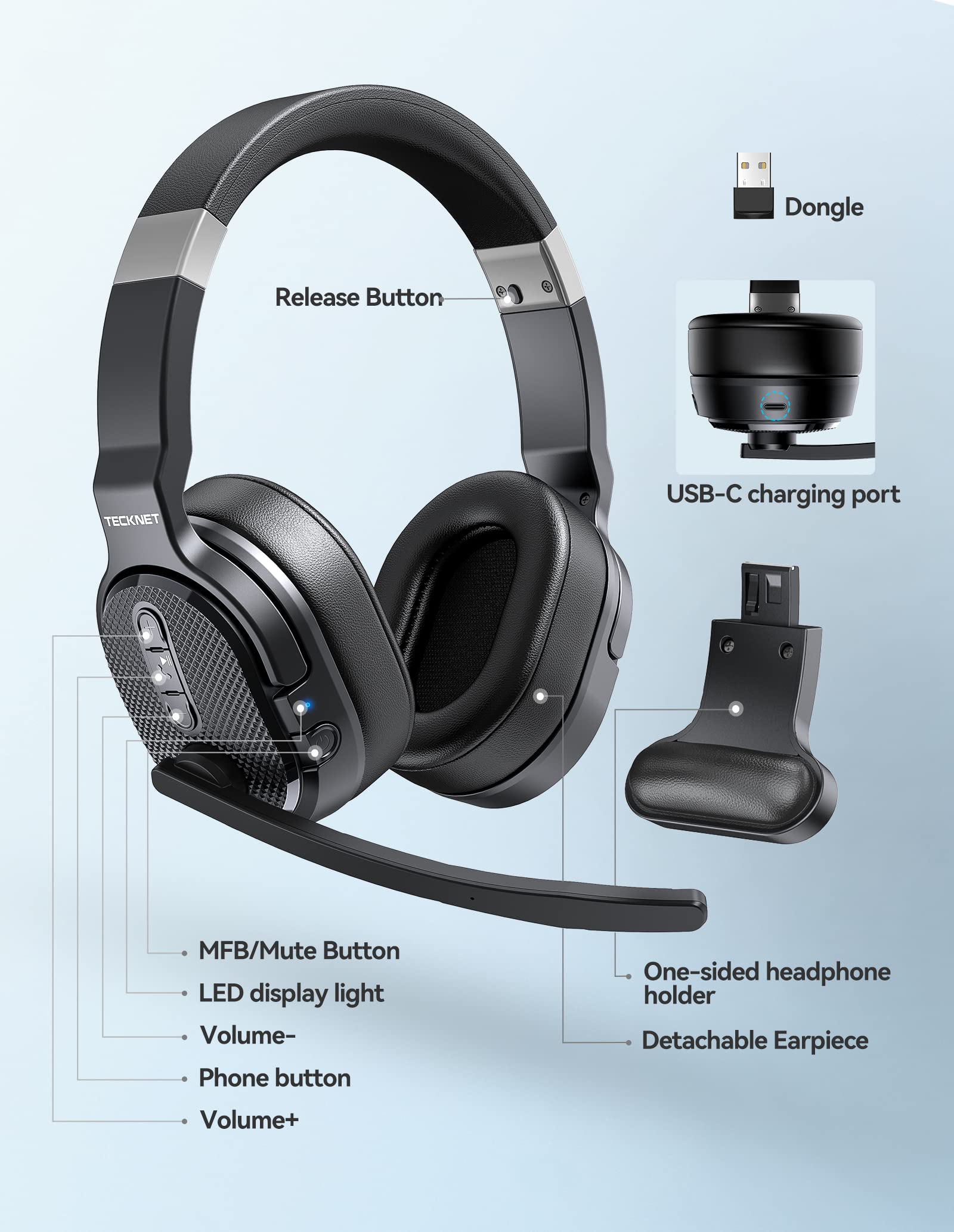 Tecknet TECKNET Wireless Bluetooth Headset 3 EQ USB Dongle