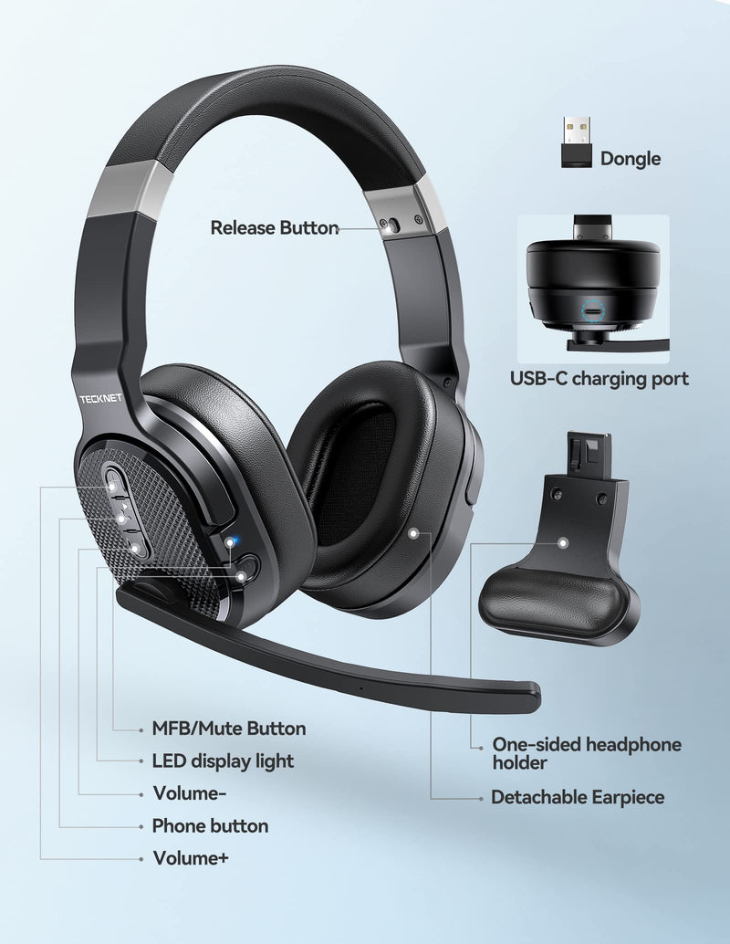 TECKNET Wireless Headphones with Noise Canceling Microphone & Mute But