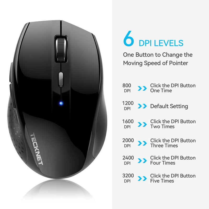 TECKNET Wireless Mouse, 2.4G USB Computer Mouse with 6-Level Adjustable  3200 DPI, 30 Months Battery, Ergonomic Grips, 6 Buttons Portable for PC