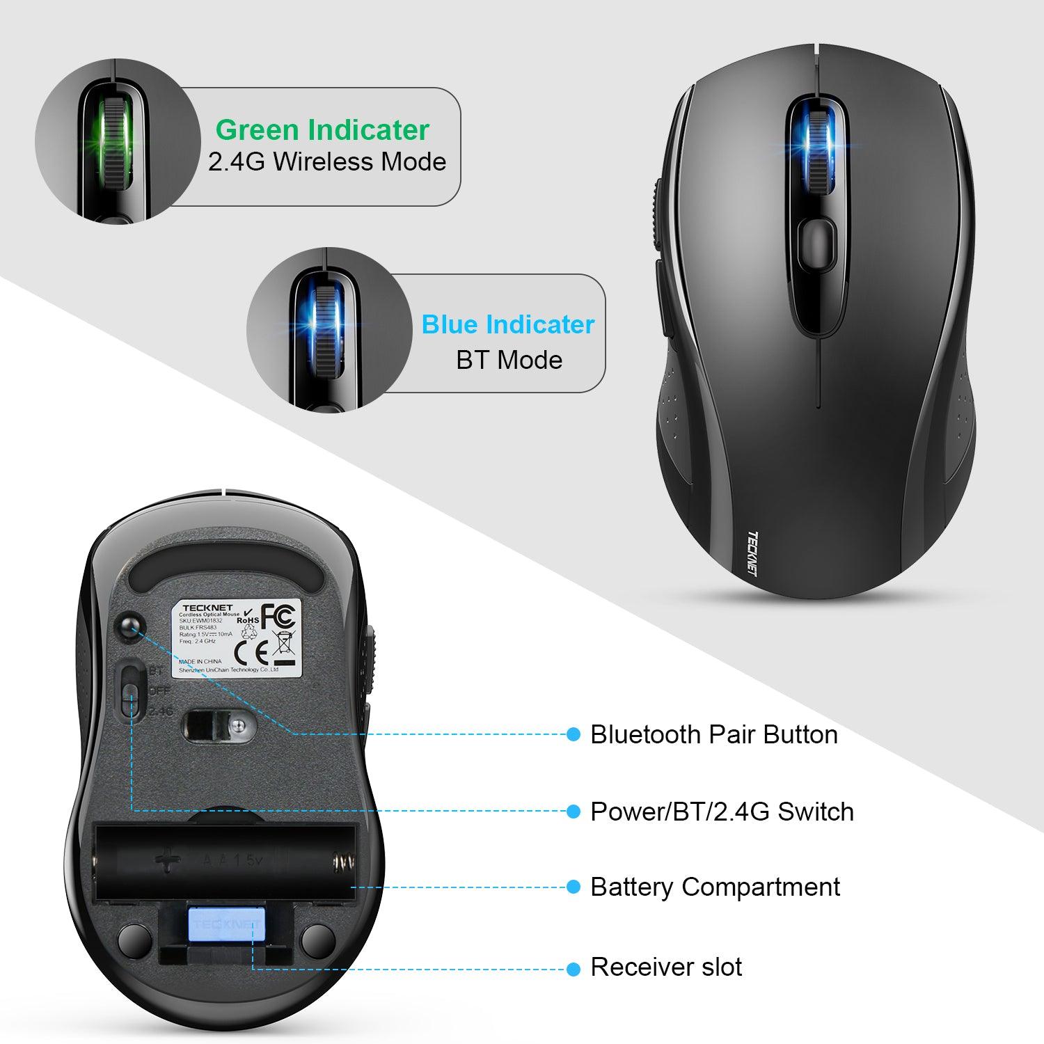 TECKNET 3 Modes Bluetooth 5.0 & 3.0 Mouse 2.4G Wireless Portable Optical Mouse with USB Nano Receiver - TECKNET