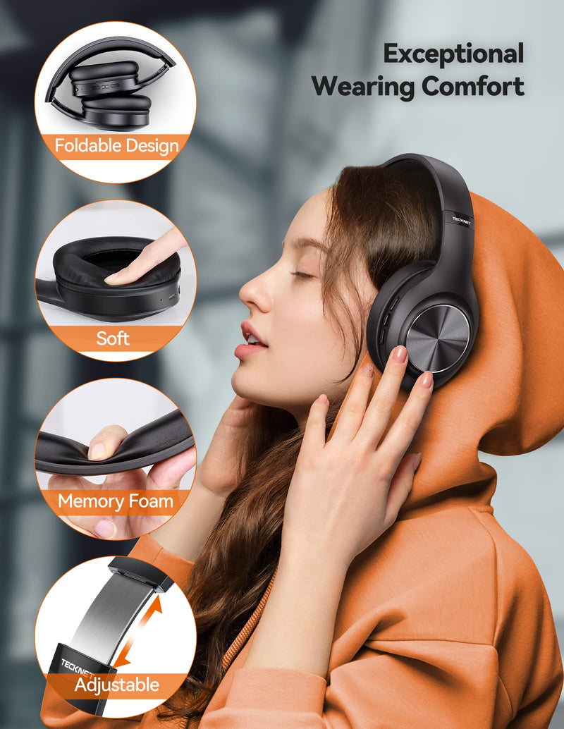 TECKNET Bluetooth Headphones Over-Ear, Bass Enhancement 3 EQ Modes Foldable Wireless Headphones