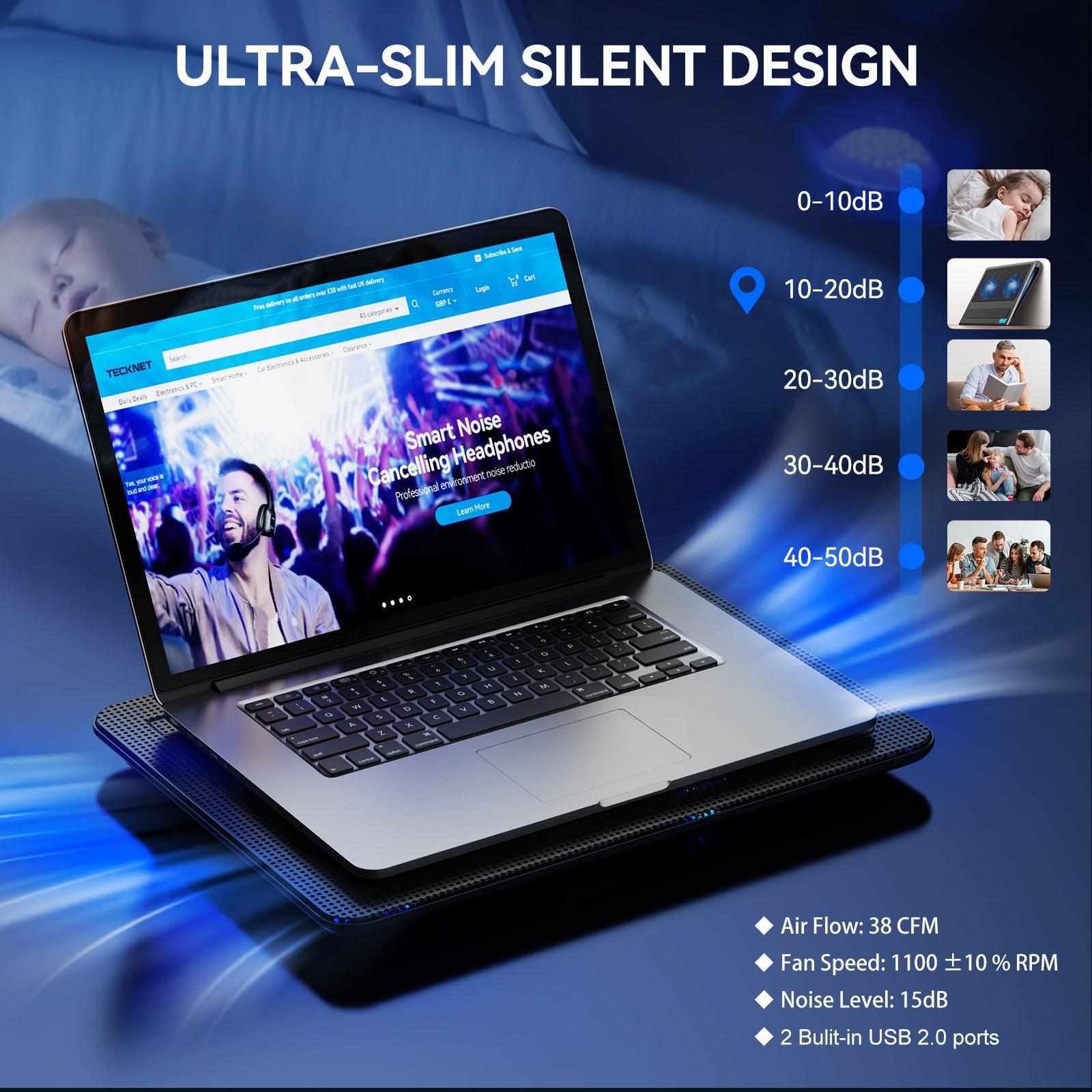 TECKNET Laptop Cooling Pad with 3 Blue LED Fans, Fits 12-17 Inches - TECKNET