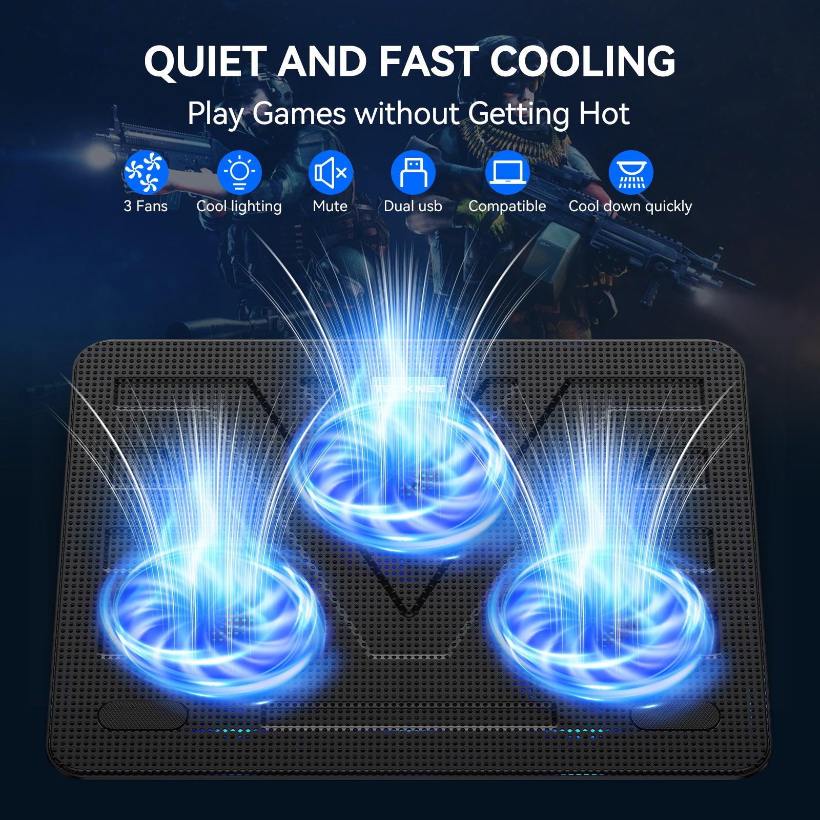 TECKNET Laptop Cooling Pad with 3 Blue LED Fans, Fits 12-17 Inches - TECKNET