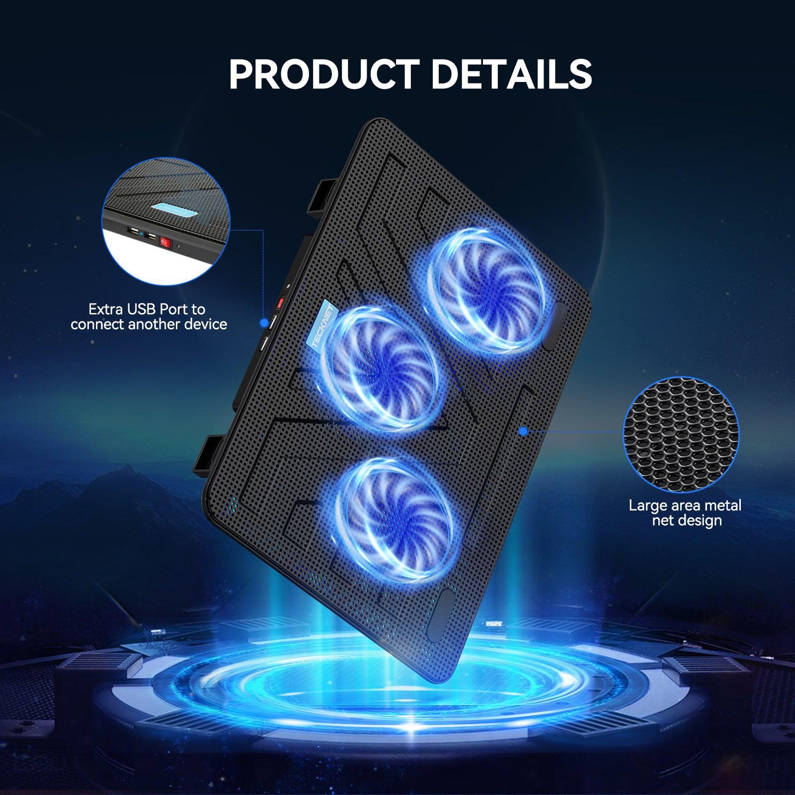 TECKNET Laptop Cooling Pad with 3 Blue LED Fans, Fits 12-17 Inches - TECKNET