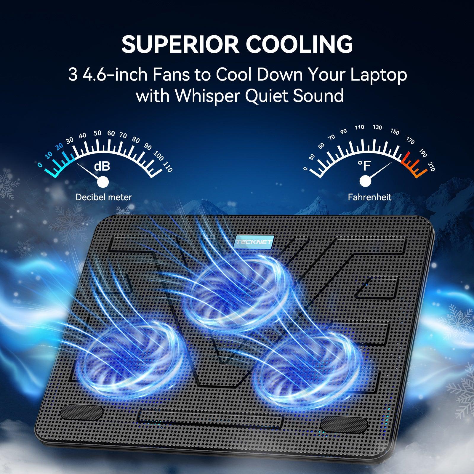 TECKNET Laptop Cooling Pad with 3 Blue LED Fans, Fits 12-17 Inches - TECKNET