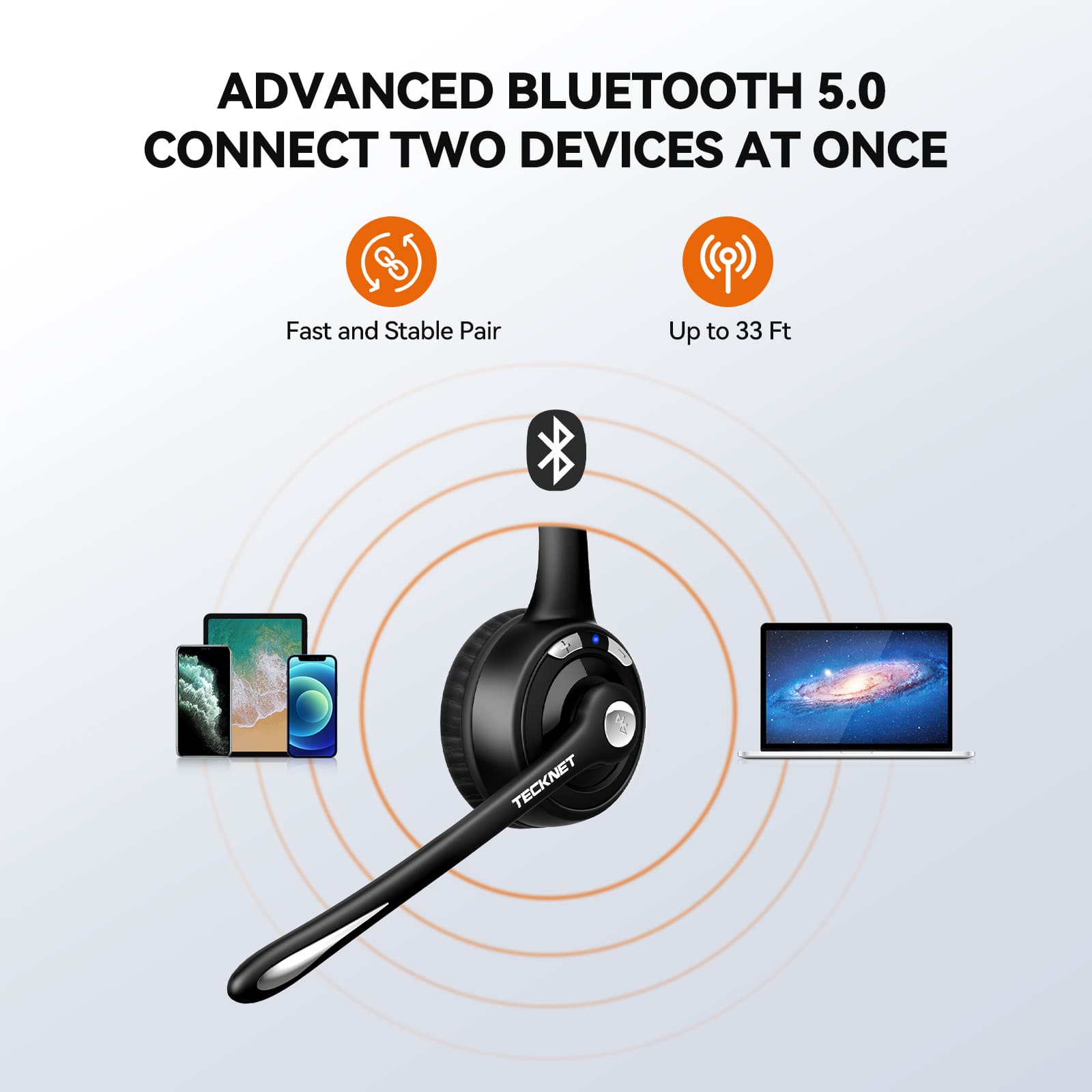 TECKNET Lightweight Wireless Headset With Mic