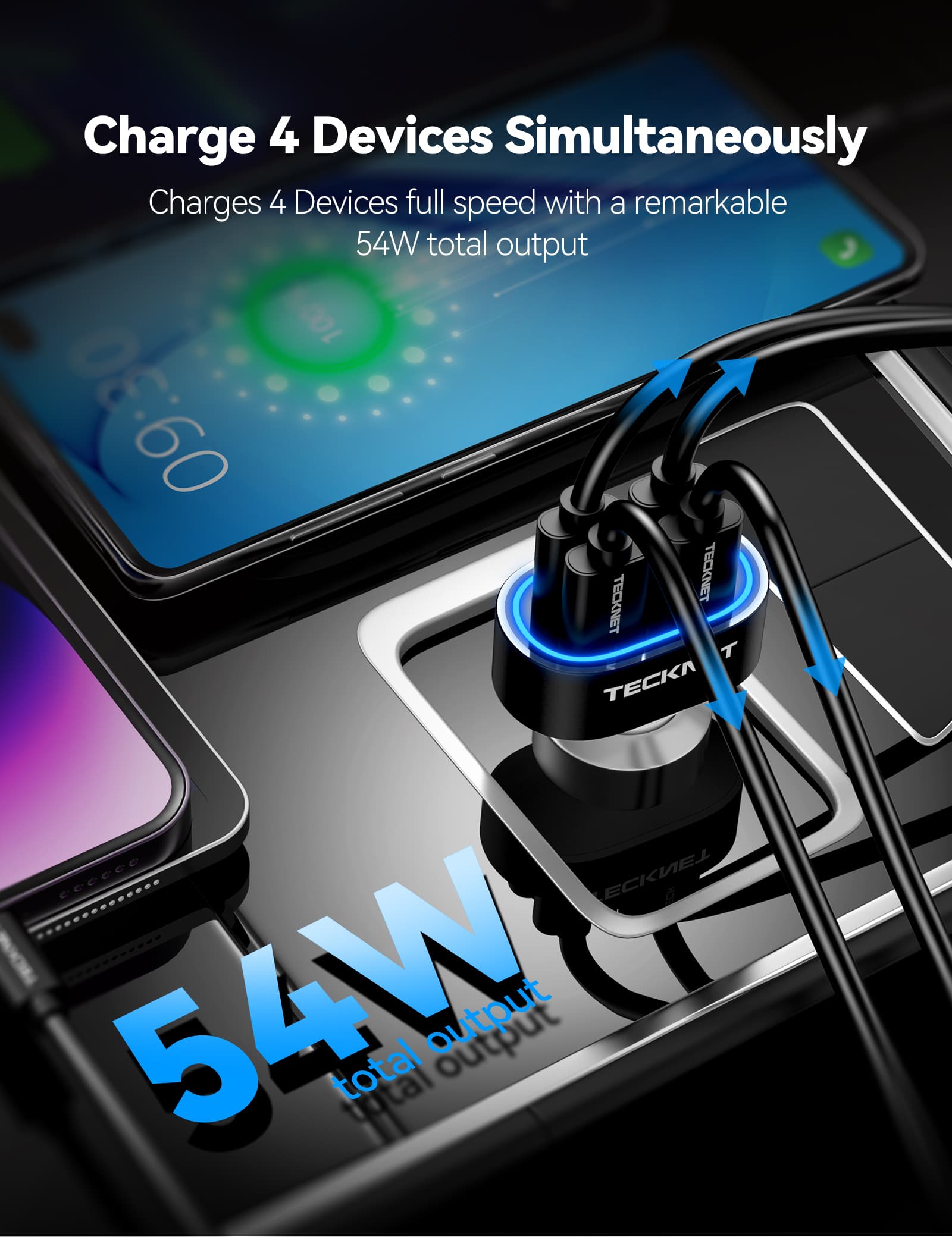 TECKNET 4-Port USB 54W Car Charger