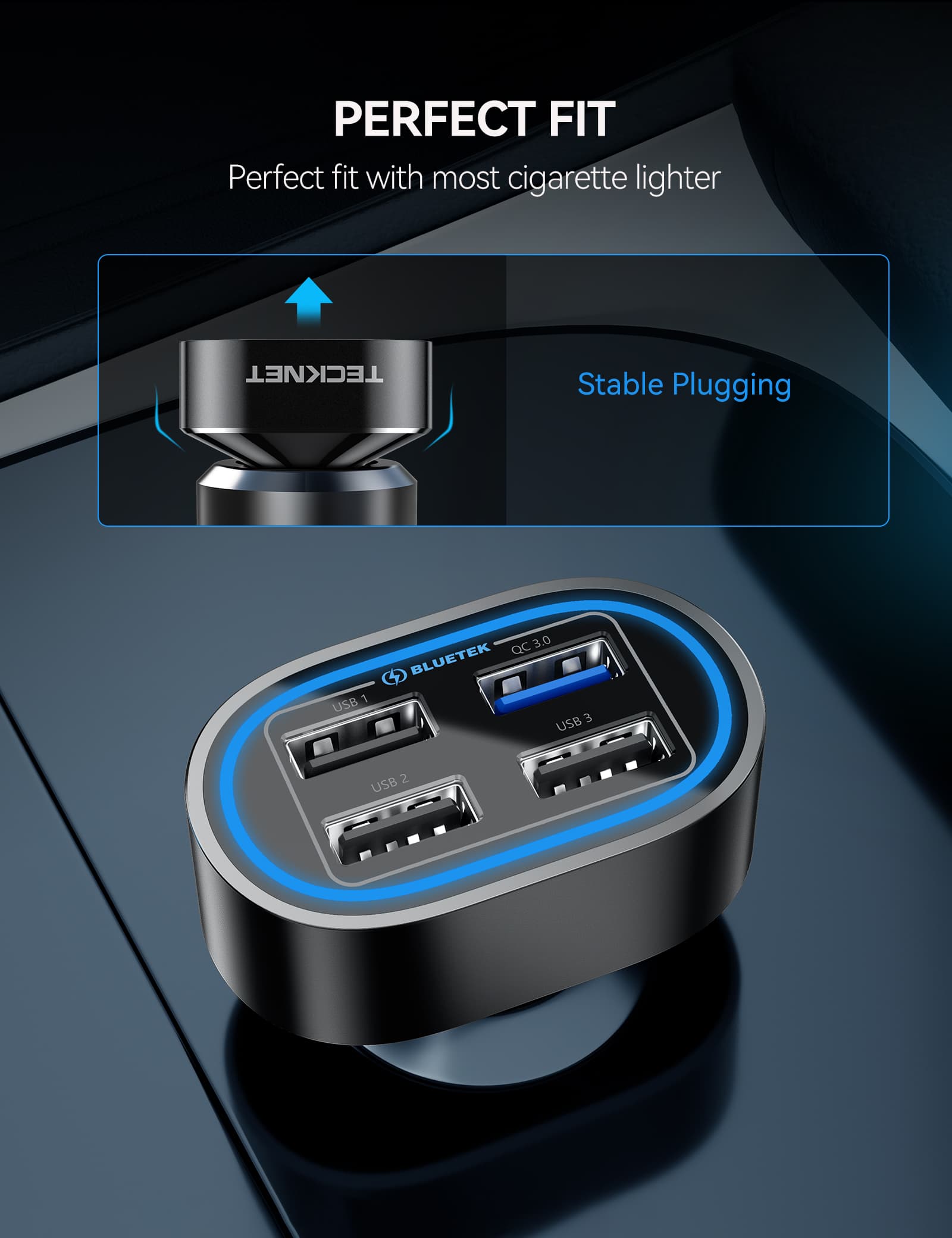 TECKNET USB Car Charger 54W 4-Port USB Car Charger