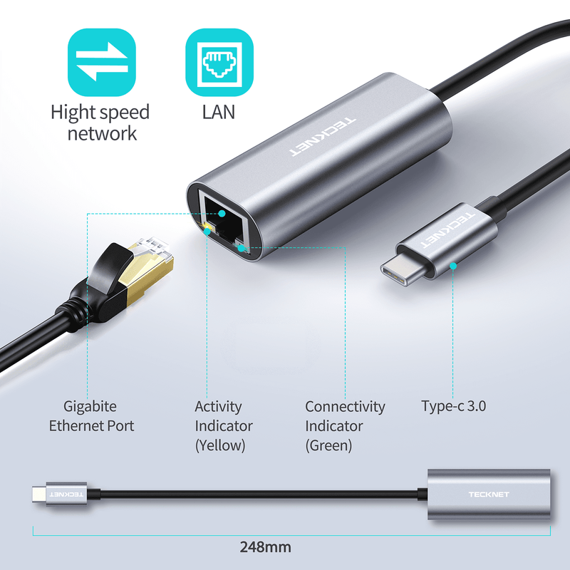 TECKNET USB C to Ethernet Adapter USB Type C to RJ45 10/100/1000Mbps N